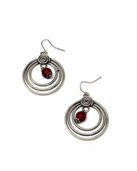Garnet bead hanging round silver oxide earrings